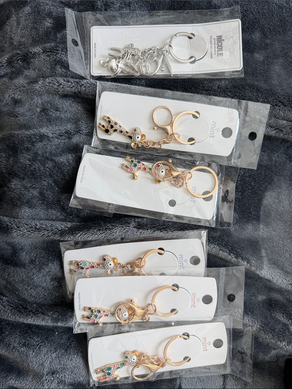 6 keychains bagcharms Nicole Gold and Silver Keychains with Multicolor Crystals